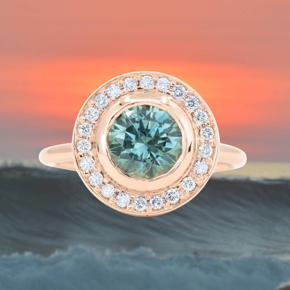 Teal Montana Sapphire With Bezel Set Diamond Halo In 14k