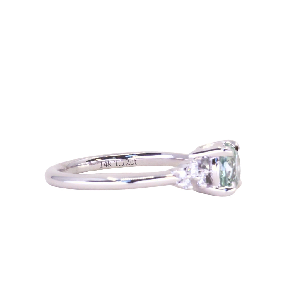 1.12ct Round Silvery Light Blue Montana Sapphire and Diamond Starry Night Low Profile Solitaire in 14k White Gold