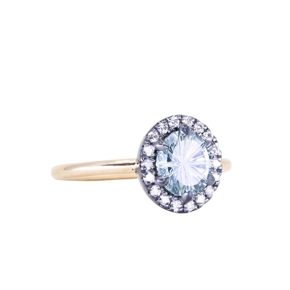 1.40ct Fantasy Carved Untreated Montana Sapphire and Antiqued Diamond Halo ring in 14k Yellow Gold