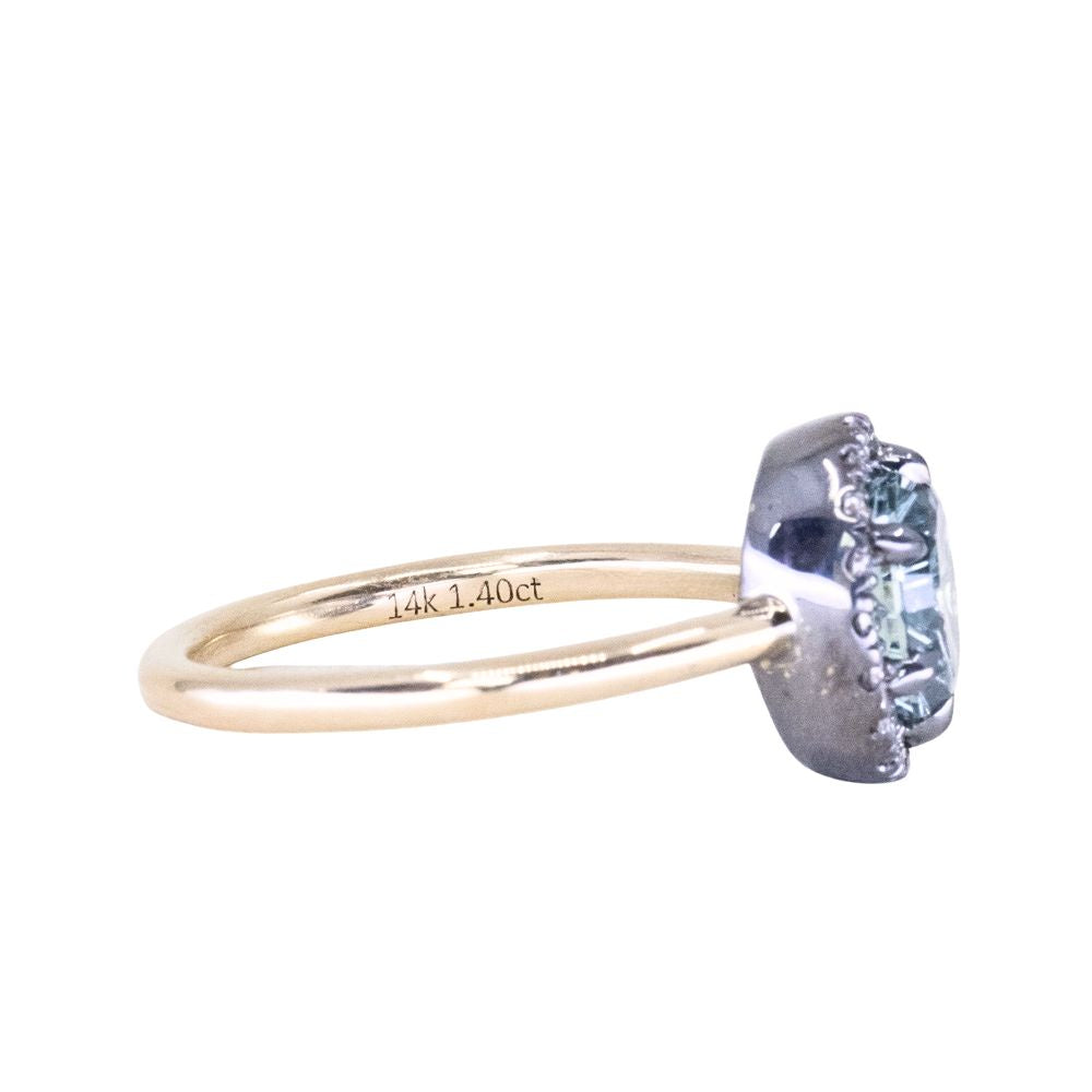 1.40ct Fantasy Carved Untreated Montana Sapphire and Antiqued Diamond Halo ring in 14k Yellow Gold