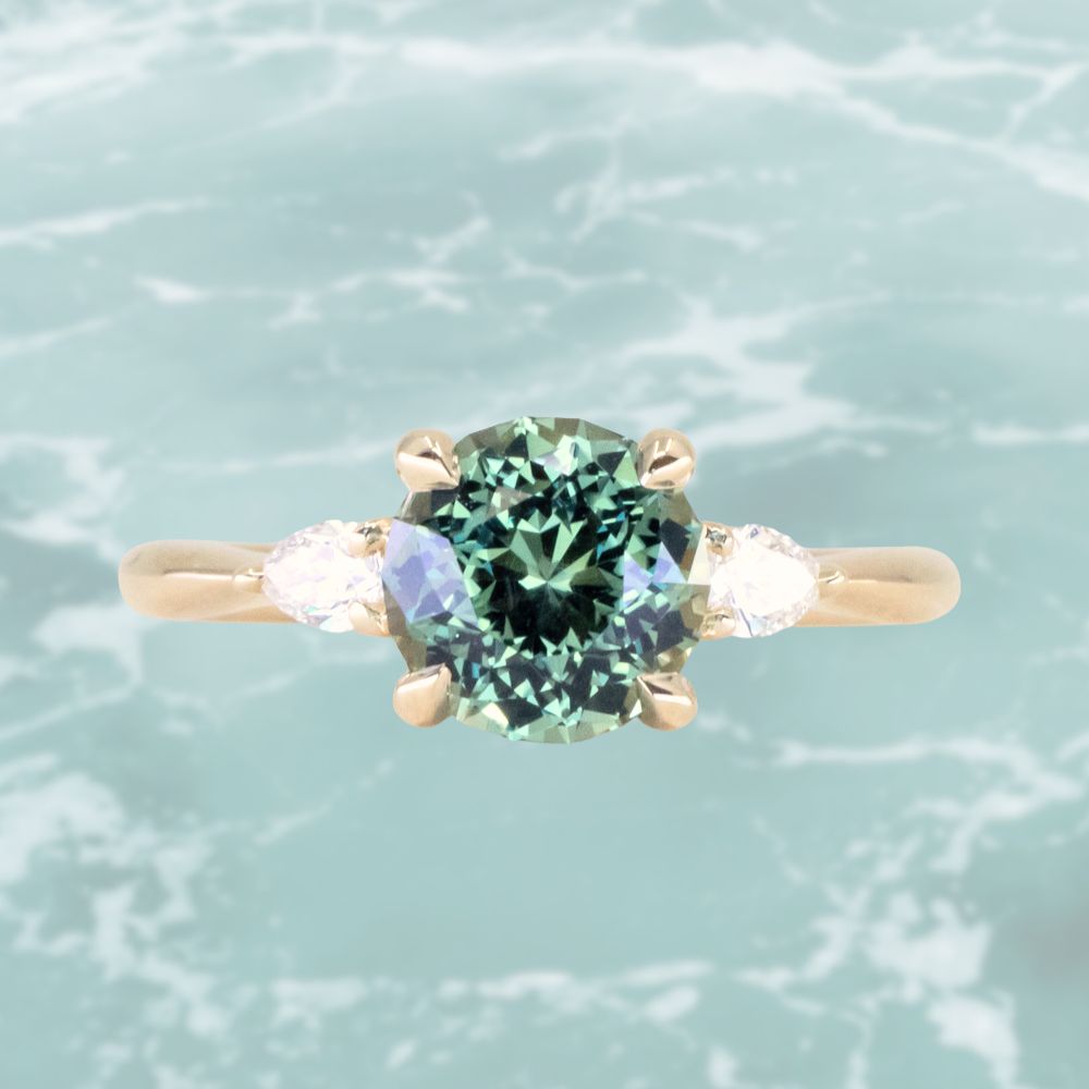 Round Unheated Montana Sapphire and Natural Pear Diamond Three Stone Low Profile Ring in 14k Yellow Gold