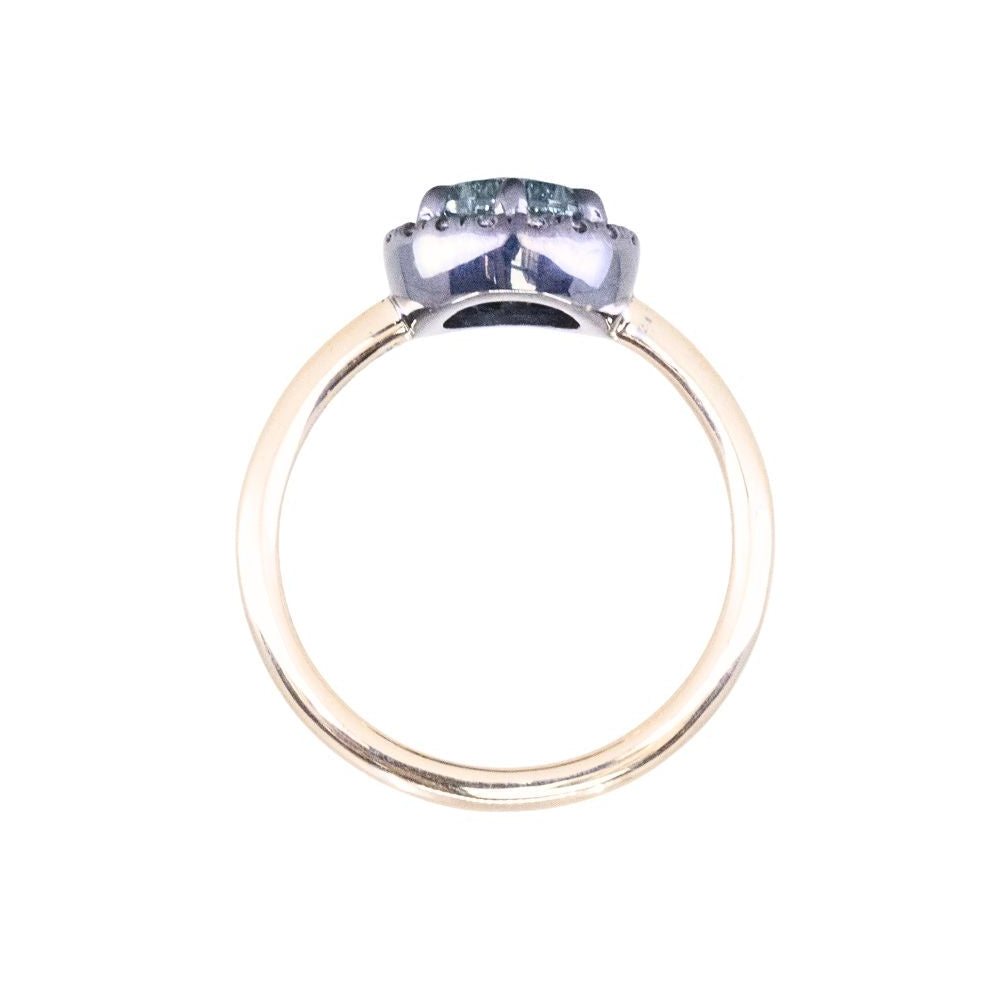 1.40ct Fantasy Carved Untreated Montana Sapphire and Antiqued Diamond Halo ring in 14k Yellow Gold