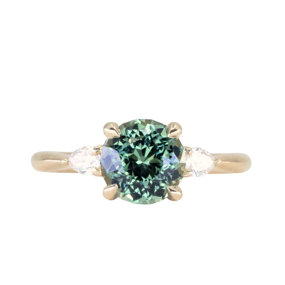 2.35ct Round Unheated Montana Sapphire and Natural Pear Diamond Three Stone Low Profile Ring in 14k Yellow Gold