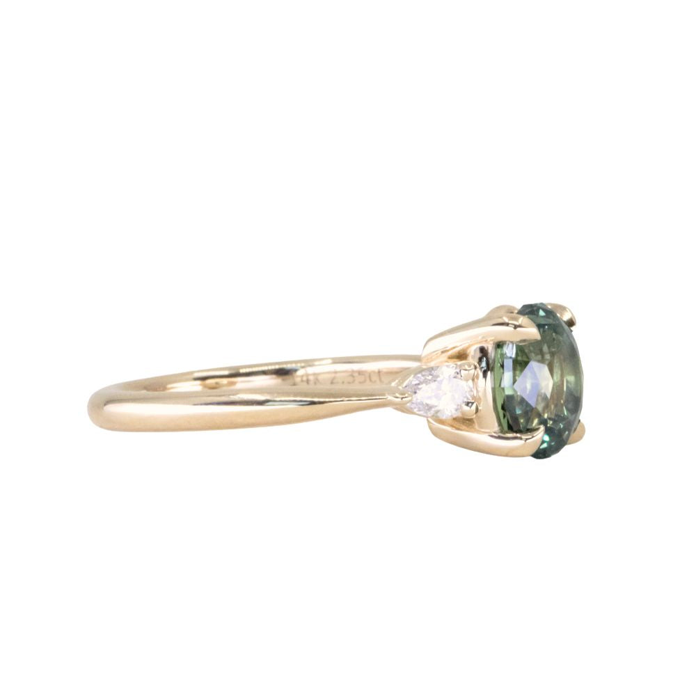 2.35ct Round Unheated Montana Sapphire and Natural Pear Diamond Three Stone Low Profile Ring in 14k Yellow Gold