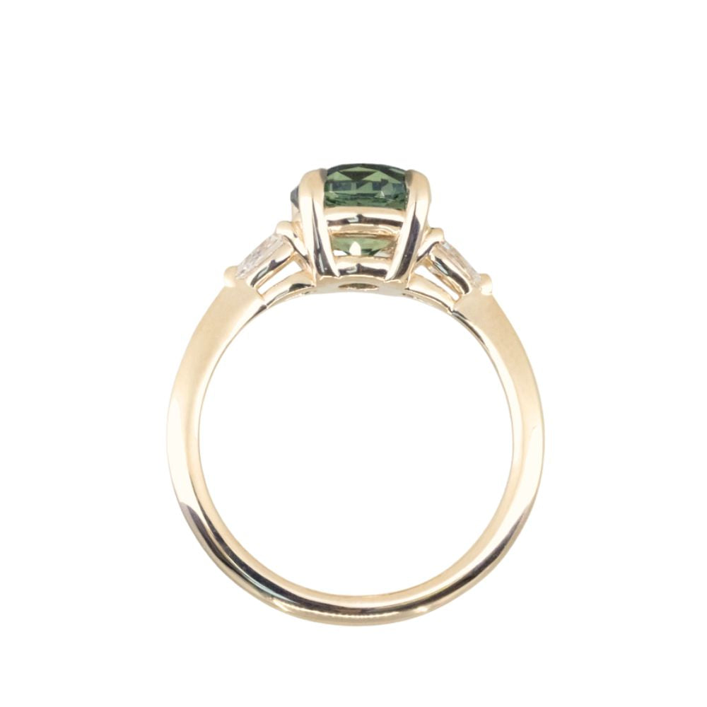 2.35ct Round Unheated Montana Sapphire and Natural Pear Diamond Three Stone Low Profile Ring in 14k Yellow Gold