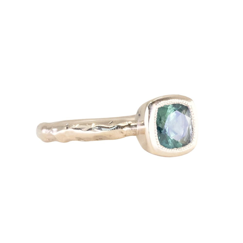 1.13ct Cushion Cut Rock Creek Montana Sapphire Low Profile Bezel Ring with Evergreen Texture and Milgrain in 14k Yellow Gold