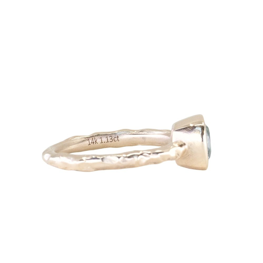 1.13ct Cushion Cut Rock Creek Montana Sapphire Low Profile Bezel Ring with Evergreen Texture and Milgrain in 14k Yellow Gold