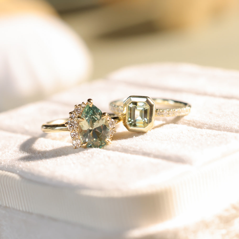 2.35ct Teal Blue Grey Untreated Pear Montana Sapphire and Diamond Asymmetrical Cluster Ring in 18k Yellow Gold