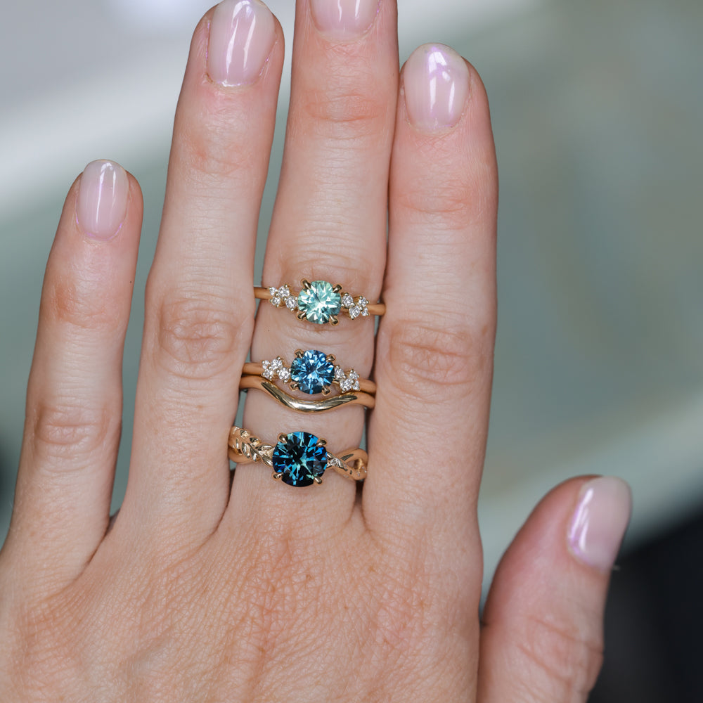 1.21ct Unheated Teal Seafoam Green Montana Sapphire and Diamond Starry Night Low Profile Solitaire in 18k Yellow Gold