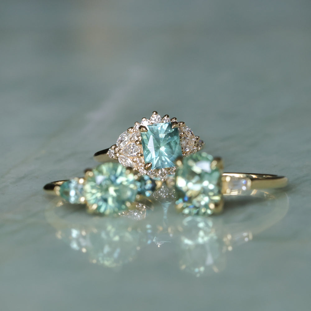 3.50ct Oval Untreated Montana Sapphire and Tapered Baguette Diamond Stackable 4 Prong Ring With Euro Shank in 18k Yellow Gold