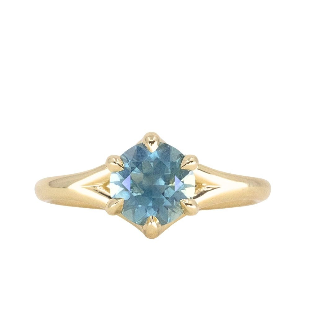 1.70ct Unheated Montana Sapphire Low Profile Six Prong Split Shank Solitaire in 18k Yellow Gold