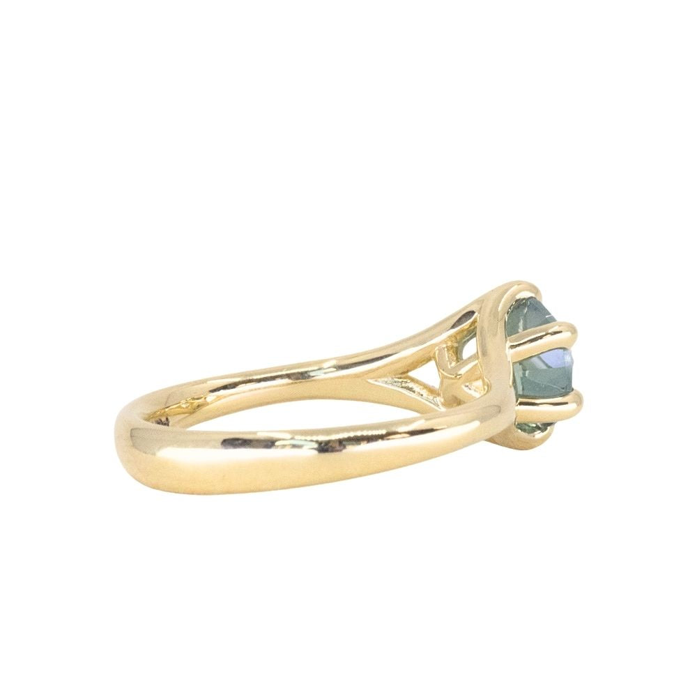 1.70ct Unheated Montana Sapphire Low Profile Six Prong Split Shank Solitaire in 18k Yellow Gold