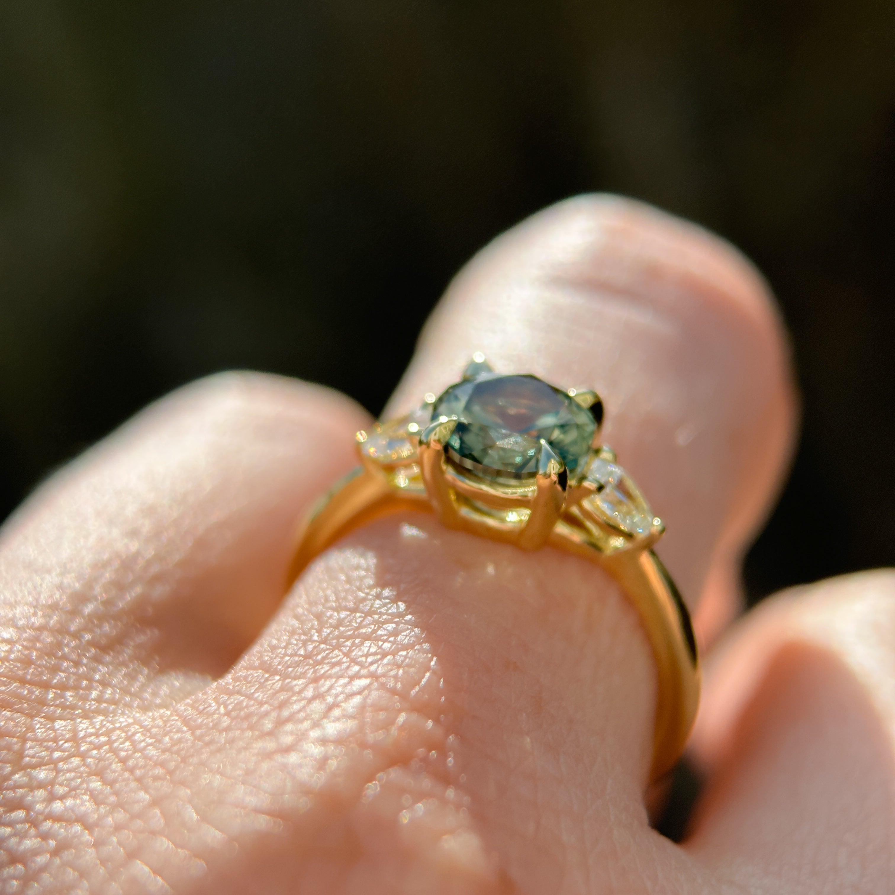 1.65ct Round Untreated Precision Cut Montana Sapphire and Natural Pear Diamond Three Stone Low Profile Ring in 18k Yellow Gold