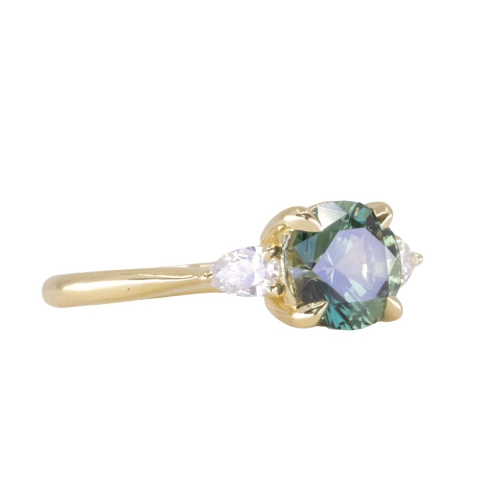 1.65ct Round Untreated Precision Cut Montana Sapphire and Natural Pear Diamond Three Stone Low Profile Ring in 18k Yellow Gold