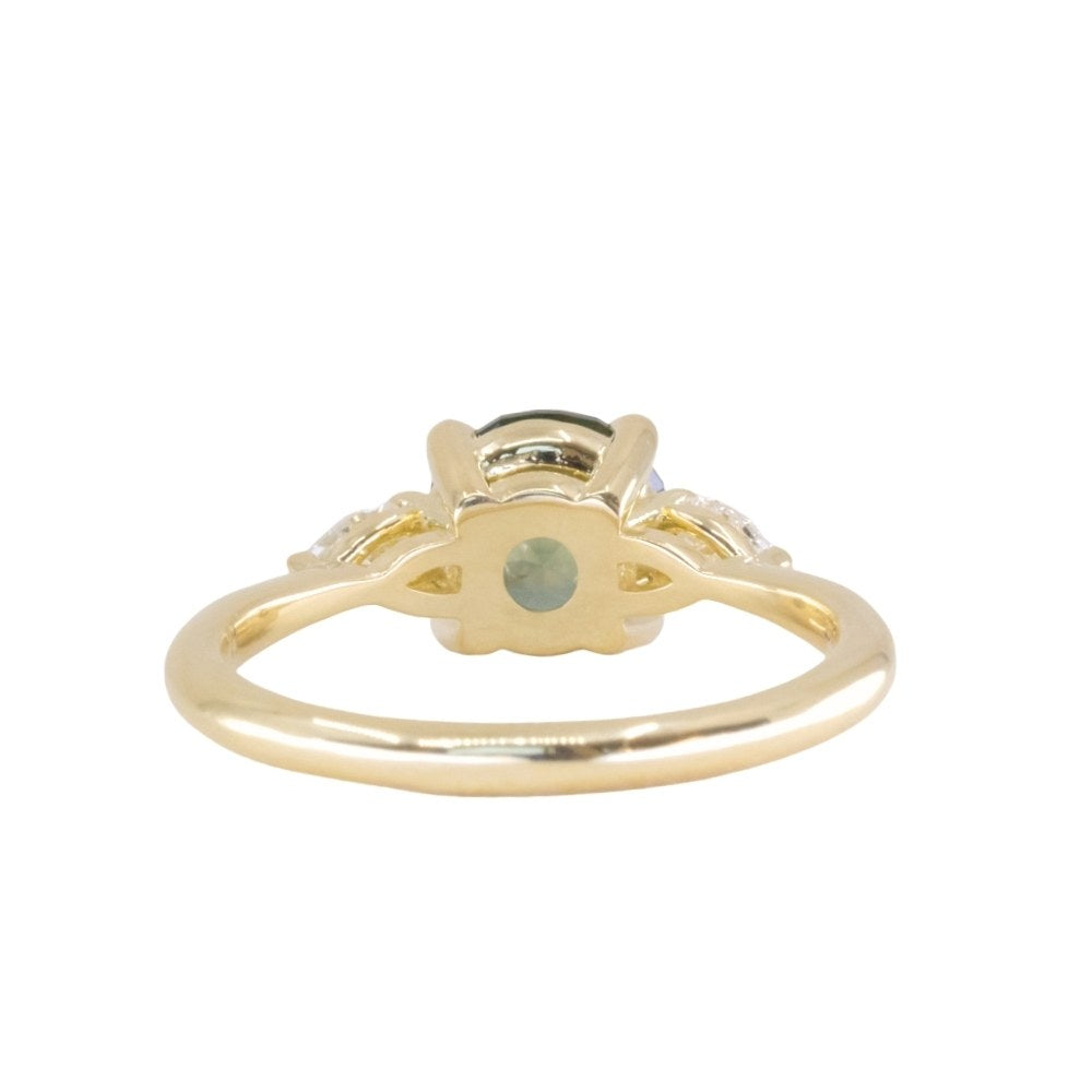 1.65ct Round Untreated Precision Cut Montana Sapphire and Natural Pear Diamond Three Stone Low Profile Ring in 18k Yellow Gold
