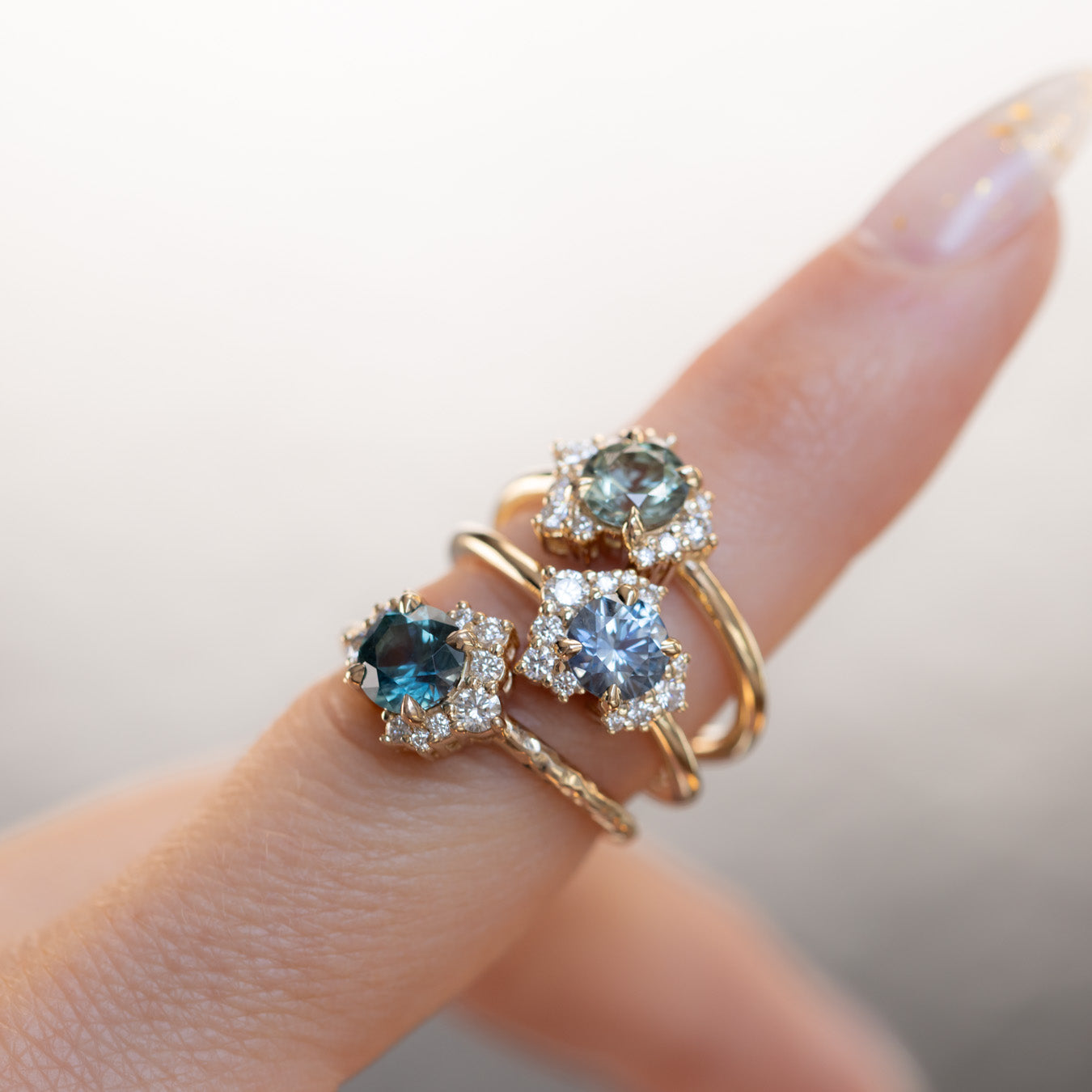 1.01ct Round Green Montana Sapphire and Diamond Asymmetrical Cluster Ring in 14k Yellow Gold
