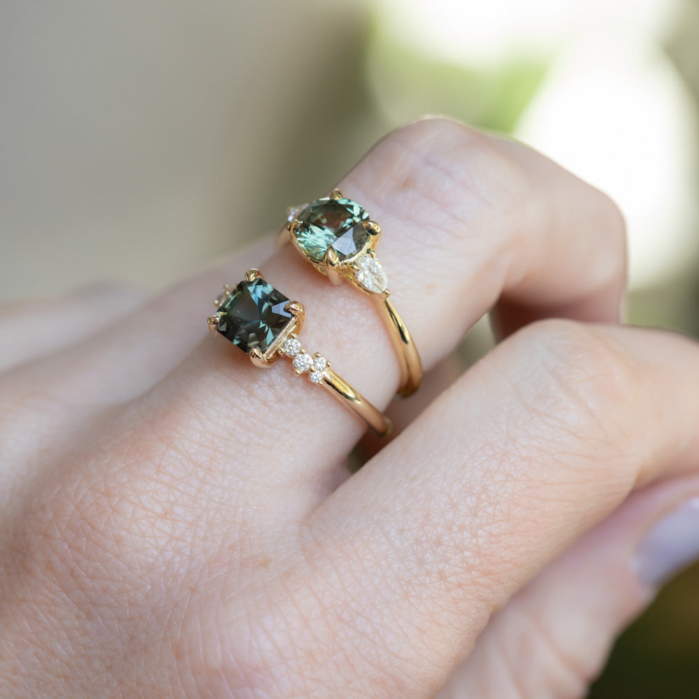 1.65ct Round Untreated Precision Cut Montana Sapphire and Natural Pear Diamond Three Stone Low Profile Ring in 18k Yellow Gold