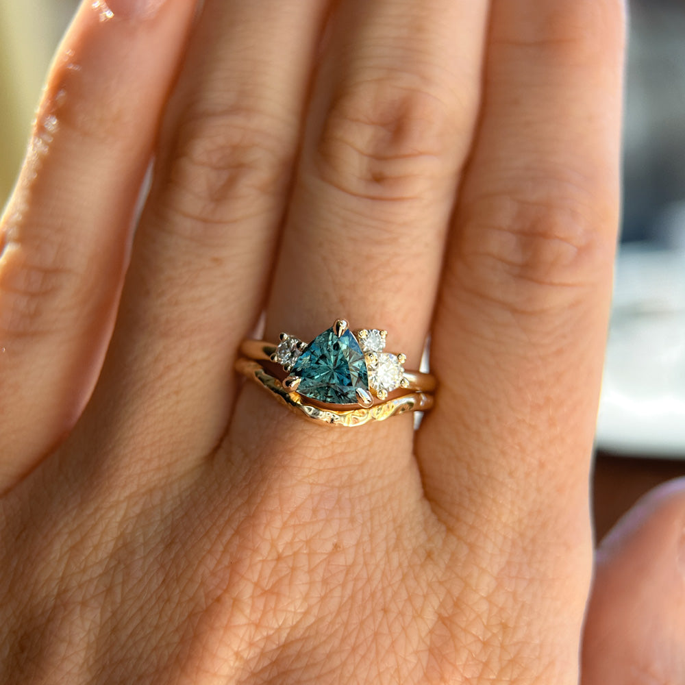 1.73ct Trillion Teal Blue Untreated Montana Sapphire and Natural Diamond Mountainscape Ring in 14k Yellow Gold