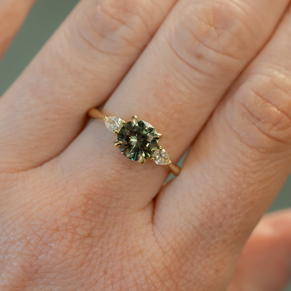 1.65ct Round Untreated Precision Cut Montana Sapphire and Natural Pear Diamond Three Stone Low Profile Ring in 18k Yellow Gold