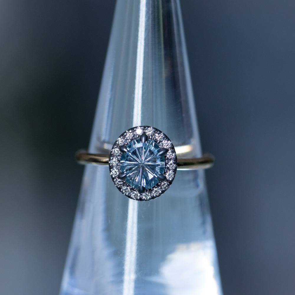 1.40ct Fantasy Carved Untreated Montana Sapphire and Antiqued Diamond Halo ring in 14k Yellow Gold