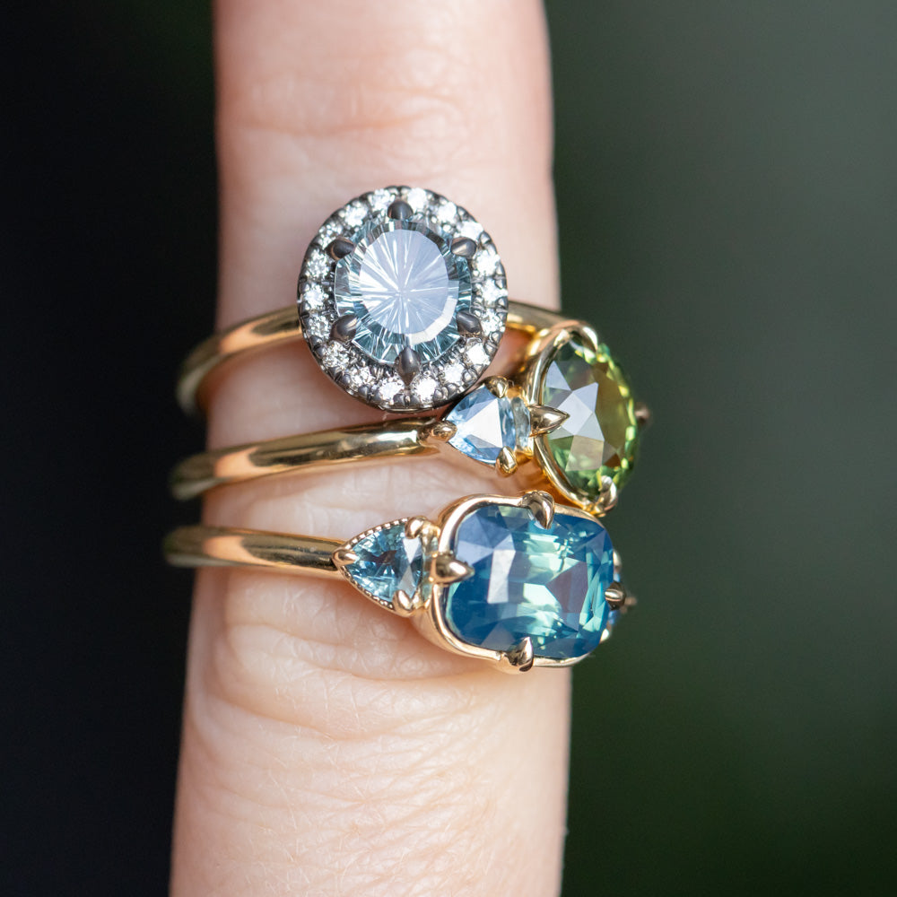1.40ct Fantasy Carved Untreated Montana Sapphire and Antiqued Diamond Halo ring in 14k Yellow Gold