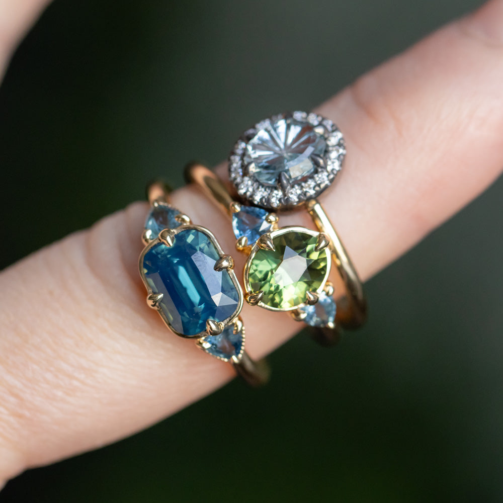 1.40ct Fantasy Carved Untreated Montana Sapphire and Antiqued Diamond Halo ring in 14k Yellow Gold