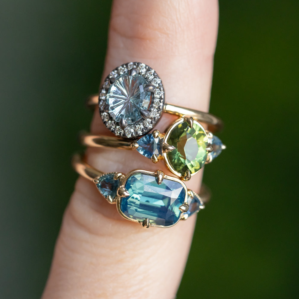 1.40ct Fantasy Carved Untreated Montana Sapphire and Antiqued Diamond Halo ring in 14k Yellow Gold