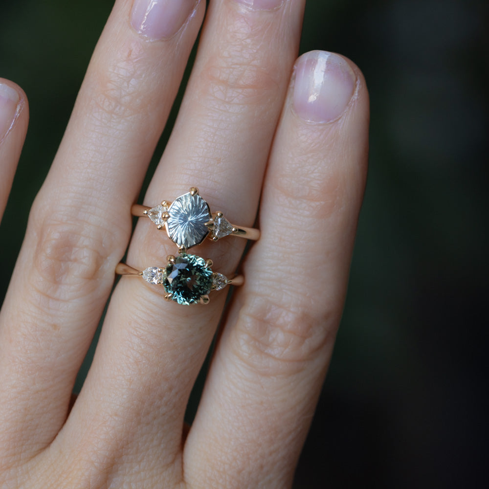 2.35ct Round Unheated Montana Sapphire and Natural Pear Diamond Three Stone Low Profile Ring in 14k Yellow Gold