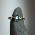 1.07ct Emerald Cut Parti Teal Montana Sapphire and Diamond Starry Night Low Profile Solitaire in 14k Yellow Gold