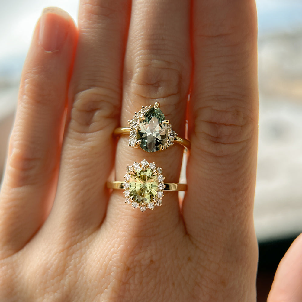 2.35ct Teal Blue Grey Untreated Pear Montana Sapphire and Diamond Asymmetrical Cluster Ring in 18k Yellow Gold