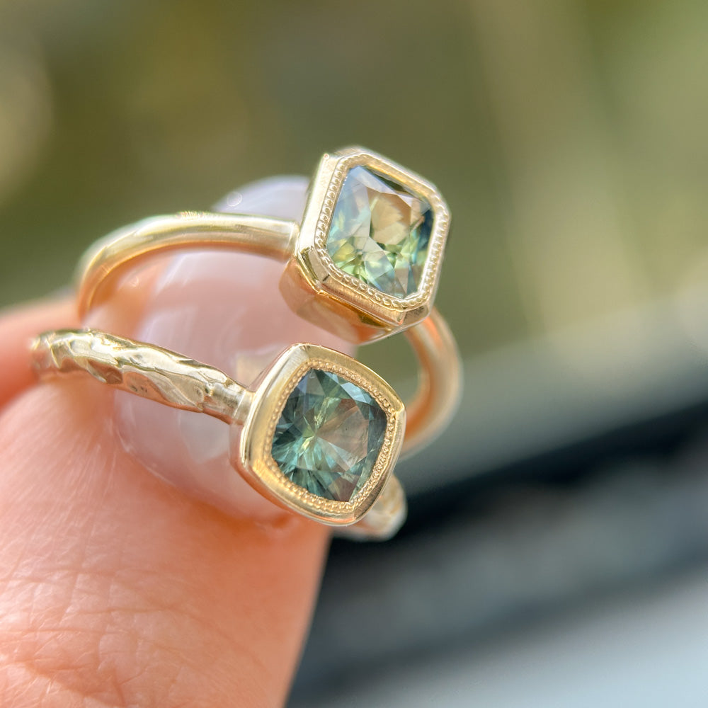 1.13ct Cushion Cut Rock Creek Montana Sapphire Low Profile Bezel Ring with Evergreen Texture and Milgrain in 14k Yellow Gold