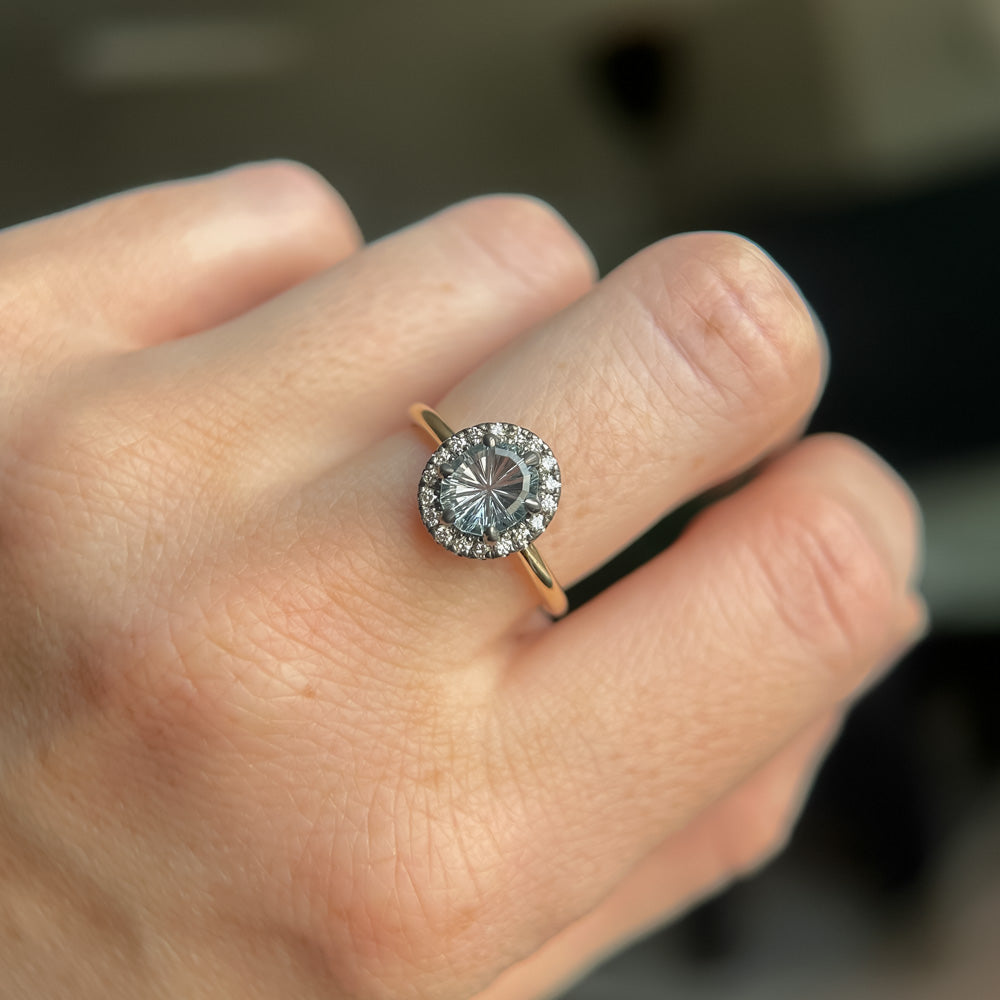 1.40ct Fantasy Carved Untreated Montana Sapphire and Antiqued Diamond Halo ring in 14k Yellow Gold