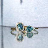 1.62ct Round Teal Green Montana Sapphire and Princess Cut Diamond Rapids Low Profile Ring in 18k Yellow Gold