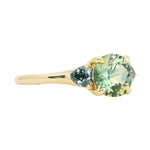 1.50ct Round Parti Yellow Blue Precision Cut Montana Sapphire and Trillion Sapphire Low Profile Three Stone Ring in 18k Yellow Gold