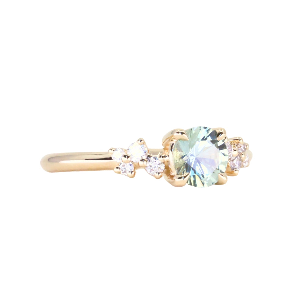0.75ct Round Untreated Silvery Grey Montana Sapphire and Diamond Starry Night Low Profile Solitaire in 14k Yellow Gold