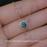 Dainty 14k Yellow Gold Montana Sapphire and Diamond Halo Necklaces