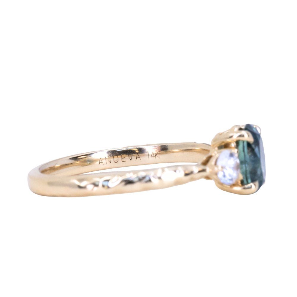 1.36ct Oval Montana Sapphire and Lab Diamond Three Stone Ring in 14K Yellow Gold with Evergreen Texture