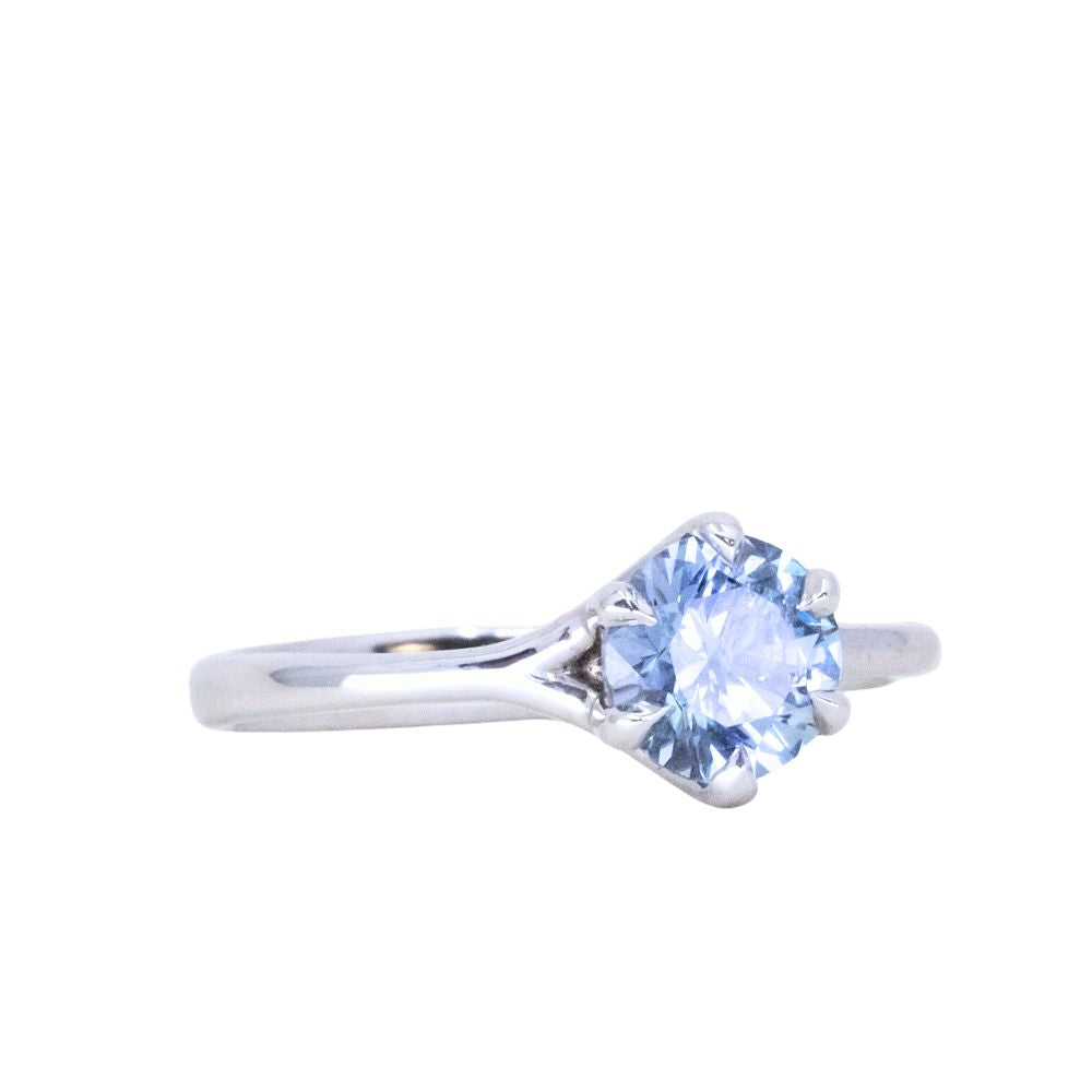 1.13ct Round Precision Cut Denim-Sky Blue Montana Sapphire Low Profile Six Prong Split Shank Solitaire in 14k White Gold