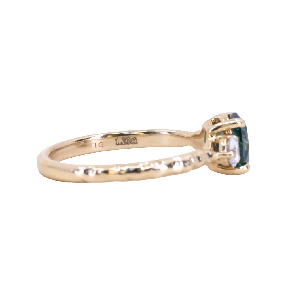 1.36ct Oval Montana Sapphire and Lab Diamond Three Stone Ring in 14K Yellow Gold with Evergreen Texture