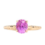 1.35ct Oval Hot Pink Montana Sapphire Evergreen Carved 4 Prong Solitaire in 14k Yellow Gold