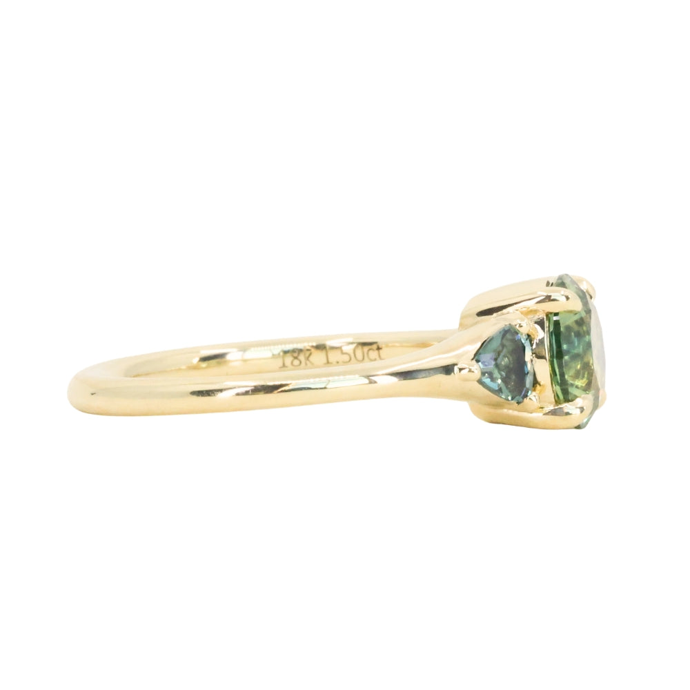 1.50ct Round Parti Yellow Blue Precision Cut Montana Sapphire and Trillion Sapphire Low Profile Three Stone Ring in 18k Yellow Gold