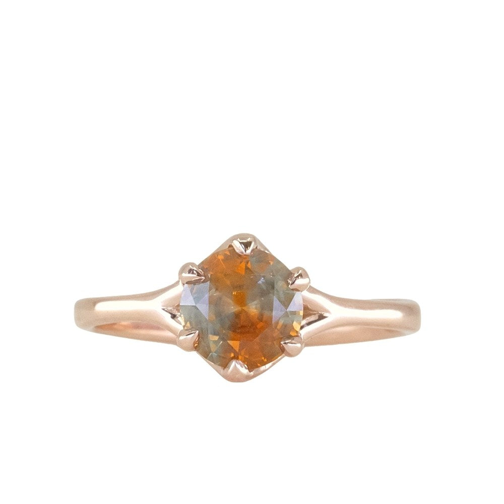 1.30ct Unheated Bicolor Montana Sapphire Low Profile Six Prong Split Shank Solitaire in 14k Rose Gold
