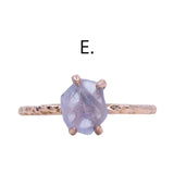 Rough Montana Sapphire Dainty Evergreen Prong Set Rings in 14k White, Yellow and Rose Gold