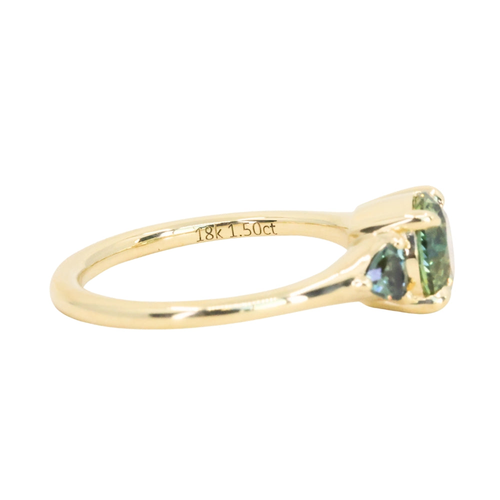 1.50ct Round Parti Yellow Blue Precision Cut Montana Sapphire and Trillion Sapphire Low Profile Three Stone Ring in 18k Yellow Gold