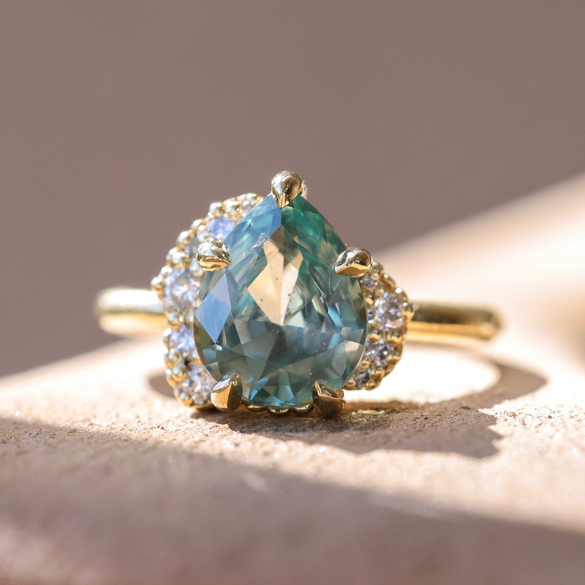 3.34ct  Untreated Pear Montana Sapphire and Diamond Asymmetrical Cluster Ring in 18k Yellow Gold