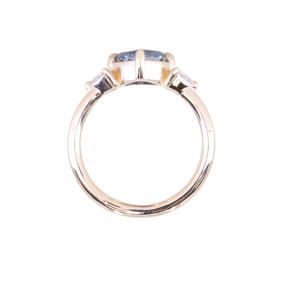 1.93ct Untreated Fantasy Cut Montana Sapphire and Diamond  Antique Milgrain Three Stone Low Profile Ring in 14k Yellow Gold