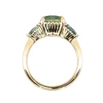 2.75ct Round Untreated Parti Montana Sapphire and Pear Montana Sapphire Three Stone Low Profile Scallop Ring in 18k Yellow Gold
