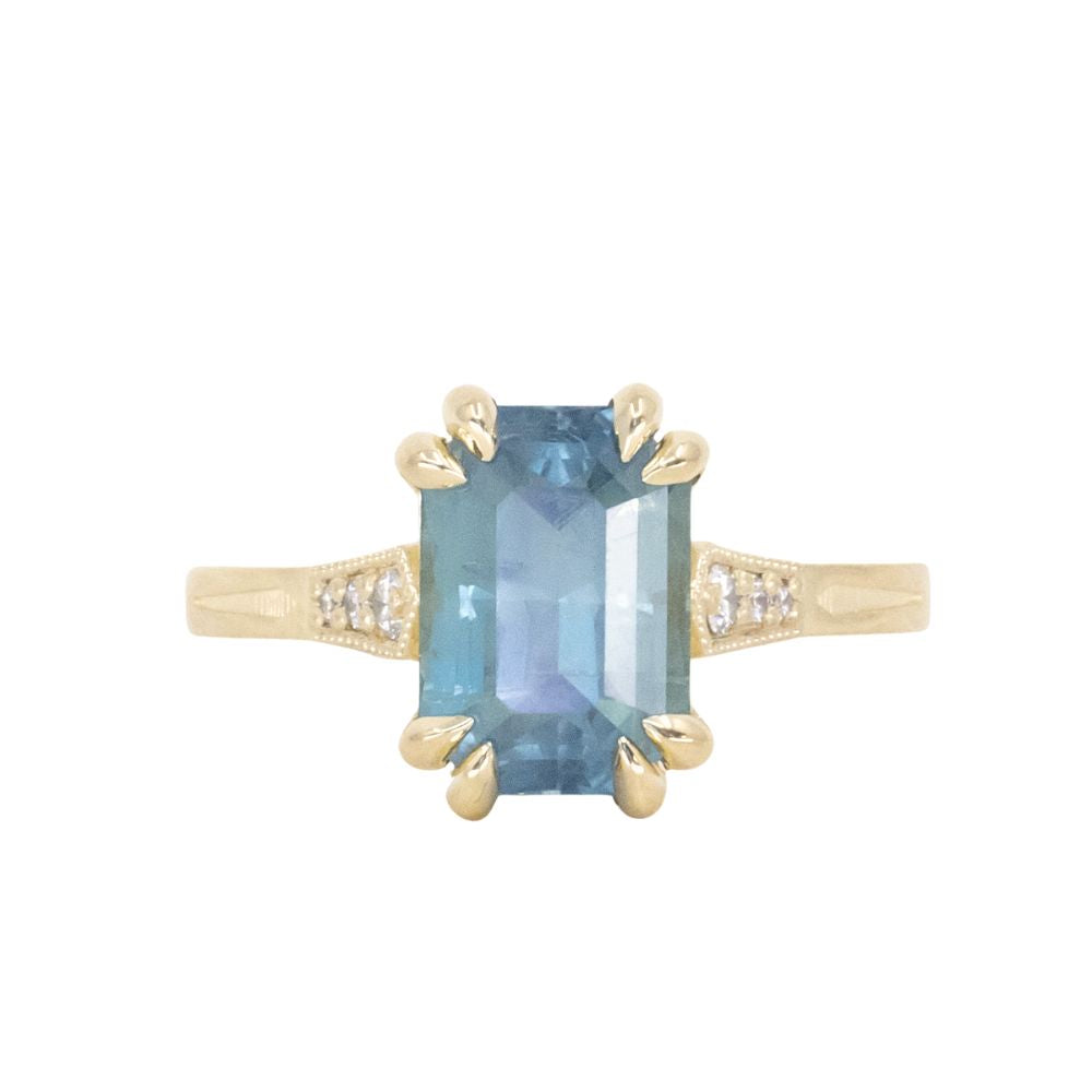 3.62ct Untreated Emerald Cut Montana Sapphire and Diamond Vintage Cathedral Double Prong Ring in 18k Yellow Gold