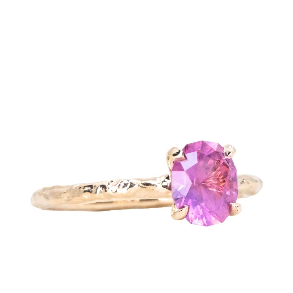 1.35ct Oval Hot Pink Montana Sapphire Evergreen Carved 4 Prong Solitaire in 14k Yellow Gold