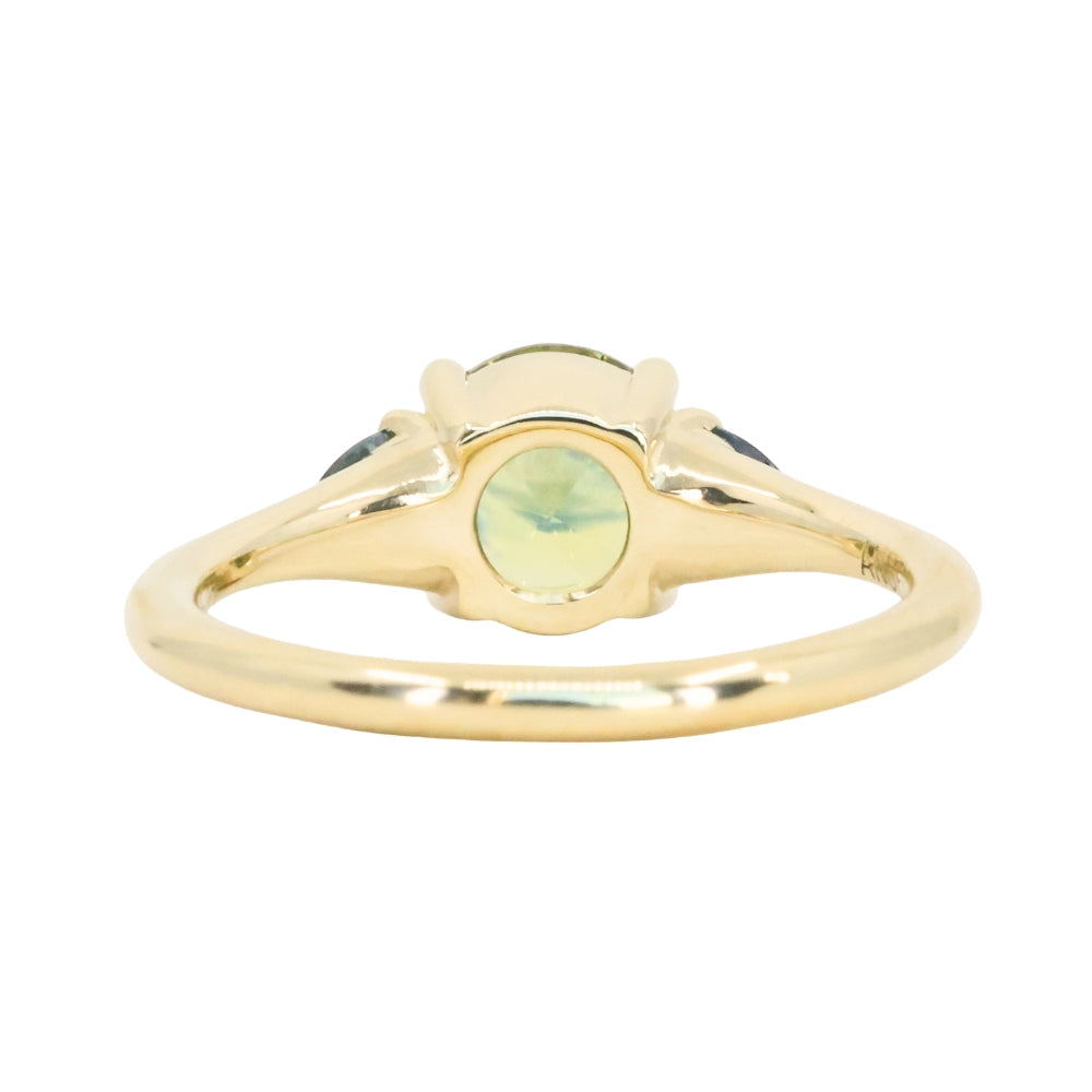 1.50ct Round Parti Yellow Blue Precision Cut Montana Sapphire and Trillion Sapphire Low Profile Three Stone Ring in 18k Yellow Gold